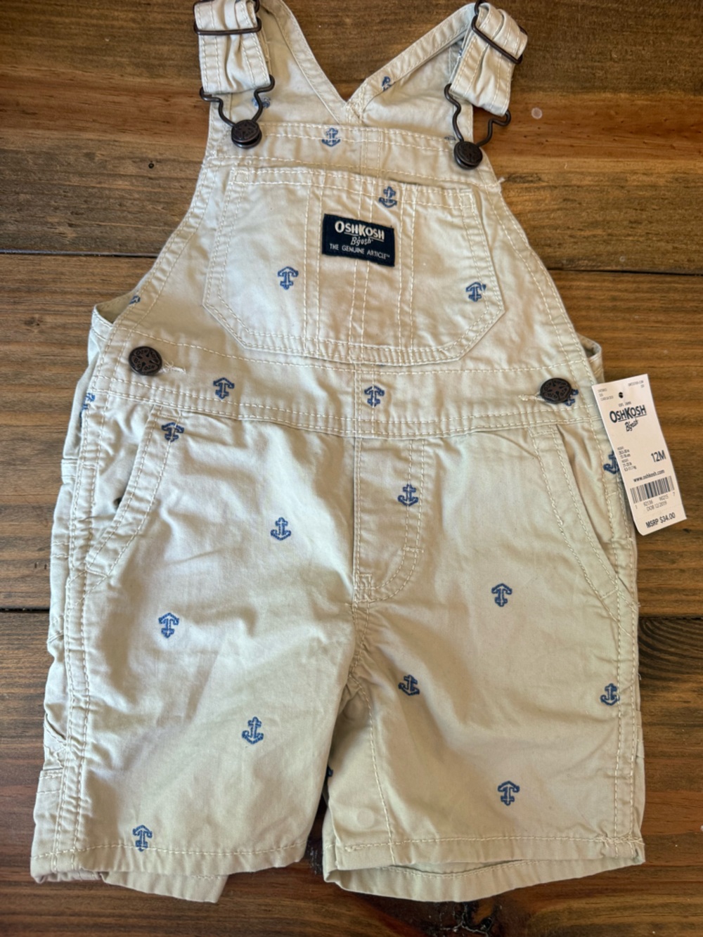 OshKosh B'gosh Khaki Anchor Short Overalls, 12 Months, NWT